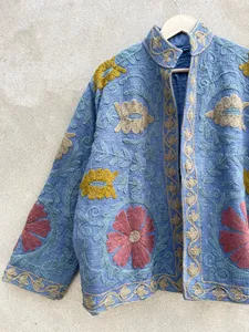 Women Blue Cotton Hand Embroidered Boho <b>Jacket</b> Floral Kashmiri Suzani Style Ethnic <b>Short</b> Coat Outerwear - Product Image 2