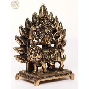 รูปปั้นเทพีดูร์กาทองเหลืองทำมือขนาด 4 นิ้ว พร้อมฐานอัสตาบูจา งานฝีมือสำหรับตกแต่งบ้านและของขวัญ ผลิตในอินเดีย - Product Image 2