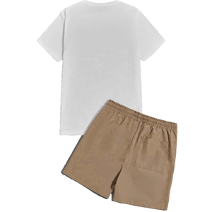 Ensemble T-shirt et short décontracté pour homme, été, blanc, en coton tricoté, col rond, couleur unie, short beige, taille élastique, avec poches - Product Image 3