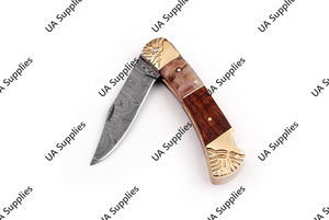 Couteau de poche pliant en acier Damas, gravé à la main, avec manche en laiton, cor de bélier et bois de rose, personnalisable OEM/ODM, couteau de camping, faibles MOQ - Product Image 2