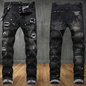 Jean droit tendance pour homme, taille mi-haute, style Hip Hop, streetwear urbain, éco-responsable, déchiré, délavé, effet éclaboussures de peinture - Product Image 4