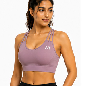 Women Seamless Sports Bra Crisscross Straps Scoop Neck Medium Support Breathable Fitness Workout Top Solid Color Front Logo - Product Image 3