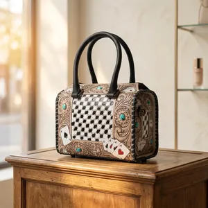 Sac à main de luxe en cuir pour femme, style vintage, motif décoratif, chaînes, deux anses, grande capacité, fermeture éclair - Product Image 1