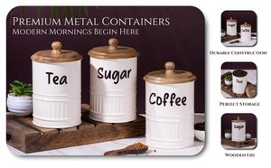 Handcrafted White Metal Tea Coffee Sugar Canister Set with Wooden Lids Farmhouse <b>Kitchen</b> <b>Storage</b> <b>Jars</b> Set of 3 - Product Image 3