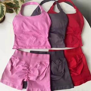 Conjunto de yoga sin costuras con efecto fruncido para mujer, ropa deportiva, shorts de gimnasio, sujetador deportivo con tiras, conjunto de 2 piezas, ropa de entrenamiento halter, fitness - Product Image 1