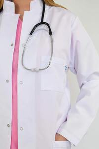 Tunique médicale élégante et professionnelle pour hôpital, blouse de médecin bleue à manches courtes, garniture rouge, fermeture éclair dissimulée sur le devant - Product Image 5