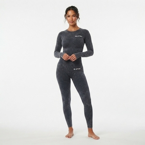 Women Charcoal Acid Wash Yoga Set Long Sleeve <b>Crop</b> Top High Waist <b>Leggings</b> Gym Fitness Workout Activewear - Product Image 4