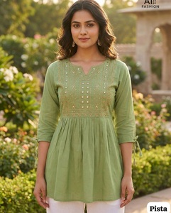 <b>Indian</b> Ethnic Wear Pista Green Embroidered Thread Work <b>Indian</b> Peplum <b>Top</b> Three Quarter Sleeve V Neck Kurta for Daily Wear Tunic - Product Image 1