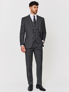 Costume 3 pièces gris à fines rayures pour homme, coupe ajustée, blazer simple boutonnage, gilet, costumes d'affaires en laine, col cranté, longueur standard - Product Image 1