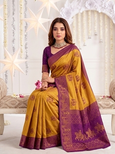 AARA Fashion <b>Purple</b> Mustard Silk <b>Saree</b> Traditional Print Sun Protection Floor-Length Wedding Wear for Women India Pakistan Style - Product Image 3