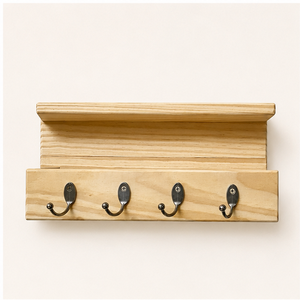 Porta llaves de pared de madera de pino macizo hecho a mano con estante, organizador rústico para entrada con 4 ganchos resistentes para el hogar u oficina. - Product Image 5