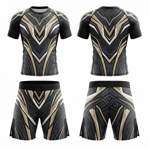 Ensemble de rashguard MMA pour homme, noir et orange, imprimé géométrique, ajusté, anti-humidité, séchage rapide, extensible, vêtements de sport - Product Image 4