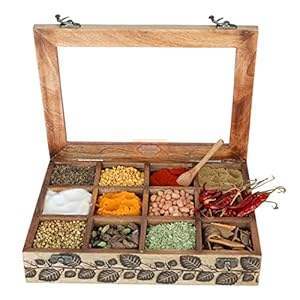 Boîte à épices traditionnelle indienne artisanale en bois de manguier, 5 compartiments, compatible lave-vaisselle et lavage à la main, écologique, anti-poussière - Product Image 3