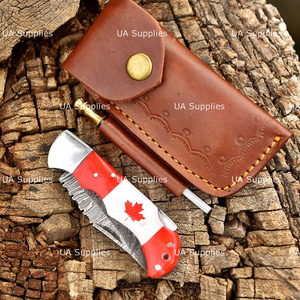 Canadian Flag Handle Custom Damascus Steel Folding Knife Razor Sharp Pocket Hunting Knife Leather Sheath OEM ODM Manufacturer - Product Image 3