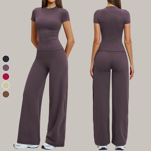 Completo Yoga Traspirante da Donna, Pantaloni a Gamba Larga con Controllo Pancia, Top a Maniche Corte, Set Sportivo Leggero in 2 Pezzi - Product Image 1