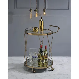 Chariot de bar rond en métal avec étagères en verre, finition dorée, design glamour, cadre roulant durable, idéal pour les fêtes et événements - Product Image 5