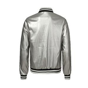 Custom Metallic <b>Silver</b> Satin <b>Jacket</b> Shiny Lightweight <b>Jacket</b> with Zipper Closure Striped Ribbed Collar Cuffs Outerwear OEM - Product Image 2