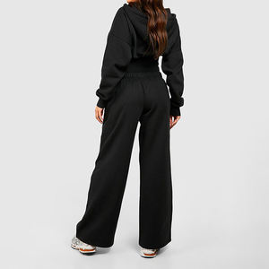 Conjunto de 2 Piezas para Mujer, Sudadera Corta con Cremallera y Pantalones, Chaqueta Corta con Capucha de Forro Polar Negro Sólido con Pantalones a Juego, Ropa Casual - Product Image 2