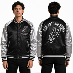 Chaqueta Retro de Satén para Jóvenes y Adultos, Diseño del Equipo de Baloncesto San Antonio Spurs, Color Negro y Plateado, Bordado, Ropa Deportiva, Venta al Por Mayor OEM - Product Image 1