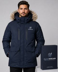 Parka d'hiver pour homme de qualité supérieure, bleu marine, à capuche, avec garniture en fourrure, imperméable, rembourrée de duvet, longue, style décontracté, Parka Jacek - Product Image 1