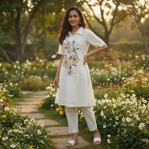Ensemble Kurta brodé blanc pour femmes, imprimé floral, haut à manches courtes, pantalon assorti, tenue d'été décontractée et élégante, ethnique - Product Image 2