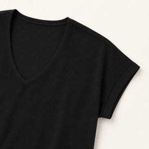 Camiseta de Mujer con Cuello en V, 100% Algodón, Sólida, Transpirable, Ecológica, Manga Corta Enrollada, Tejido de Punto, Corte Regular, Ropa Casual de Verano - Product Image 5