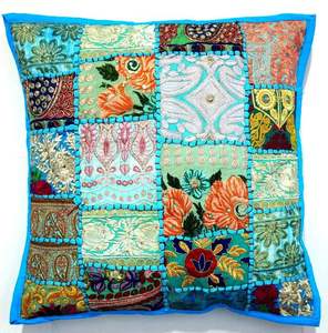 Indian Handmade Mirror Work Vintage Patchwork Handcrafted Embroidered Cushion Cover Home Decor Pillow Case Wedding Decoration - Product Image 1