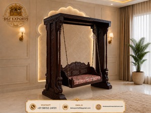 Balançoire Jhula Traditionnelle en Bois pour Salon, en Teck Premium, Robuste, Vintage, avec Chaînes Professionnelles en Laiton et Coussin - Product Image 6