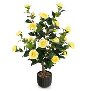 2 Pezzi Albero di Camelia Artificiale in Plastica da 38 Pollici con Vaso in Cemento Giallo per Matrimoni, Natale e Capodanno - Product Image 2
