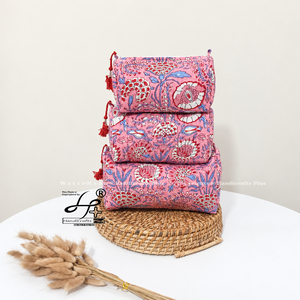 Bolsa de maquillaje acolchada de algodón, juego de 3 piezas, estuche cosmético bohemio con estampado floral, estuche de aseo con estampado floral hecho a mano para mujer, estuche cosmético con cremallera. - Product Image 5