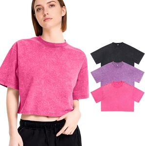 เสื้อครอปท็อปผู้หญิงสีม่วง คอกลม แขนสั้น ทรงโอเวอร์ไซส์ หลวม สีพื้น ลายมัดย้อม ผ้าถัก ทอแบบ OEM สำหรับฤดูใบไม้ผลิและฤดูร้อน สไตล์ลำลอง - Product Image 3