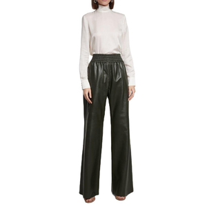 Pantalon crayon taille mi-haute en cuir véritable pour femme, coupe droite, respirant, longueur cheville, élastique, noir, coupe ajustée, streetwear, hiver - Product Image 4
