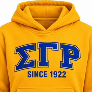 Sudadera con Capucha Amarilla Dorada Sigma Gamma Rho con Letras Azules de Estilo Universitario Griego, Diseño Gráfico Desde 1922, Sudadera de Manga Larga, Ropa de Hermandad - Product Image 5