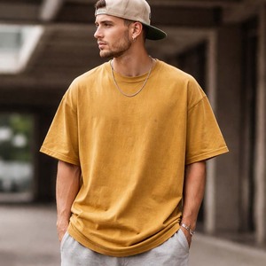 เสื้อยืดคอตตอนสีมัสตาร์ดฟอกสีสไตล์วินเทจสำหรับผู้ชาย เสื้อยืดลำลองแนวสตรีทแวร์ เสื้อเปล่าสำหรับฤดูร้อน - Product Image 4