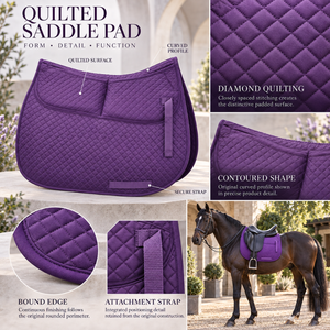 Tapis de selle matelassé violet pour cheval, avec surpiqûres losanges et sangles de fixation |   Tapis d'équitation profilé avec bordure renforcée - Product Image 5