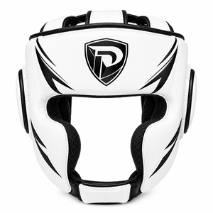 Protège-tête de boxe Dumela blanc et noir en cuir artificiel respirant avec fermeture auto-agrippante, emballage personnalisé, unisexe - Product Image 1