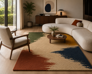 Tapis en laine tufté à la main sur mesure OEM, motif abstrait multicolore terre cuite et bleu marine, pour salon, fabriqué en Inde - Product Image 5