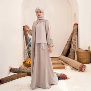 <b>STAR</b> IMPEX Light Gray Modest Abaya Floor Length Long Sleeve High Neck Embroidered Women's Prayer <b>Dress</b> Middle East Style Solid - Product Image 1