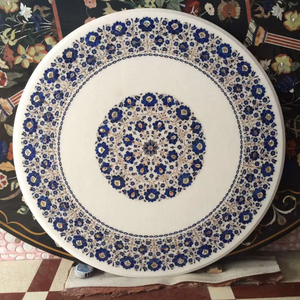 Mesa de Centro con Incrustaciones de Mármol, Moderna, Redonda, Ecológica, Hecha a Mano, Diseño Floral Azul, Fabricante, Proveedor, Exportación al por Mayor, India - Product Image 1