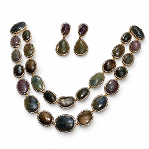 Ensemble collier et boucles d'oreilles en argent 925 plaqué or avec pierres précieuses multicolores facettées à double couche pour femmes, cadeau de mariage, bijoux - Product Image 3