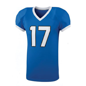 Ensemble d'uniformes de football américain personnalisés bleu et blanc, sublimés, anti-transpiration, col en V, manches courtes, maillot et pantalon pour homme adulte - Product Image 2