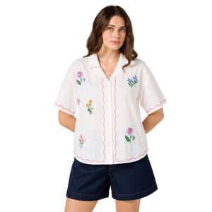 เสื้อเชิ้ตผ้าลินินปักลายดอกไม้สีขาว แขนสั้น ติดกระดุม สำหรับผู้หญิง สไตล์ลำลอง เหมาะสำหรับฤดูร้อน มีปกเสื้อ แฟชั่นระดับพรีเมียม สามารถสั่งตัดได้ - Product Image 1