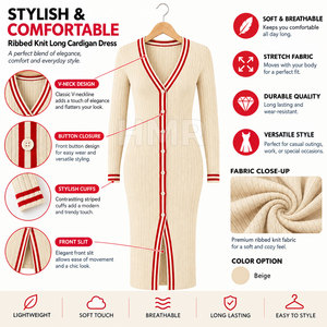 Vestido Cárdigan de Manga Larga con Cuello en V de la Hermandad HMR, con Abertura Lateral y Rayas Rojas, Estilo Maxi Ajustado, Moda Preppy - Product Image 6