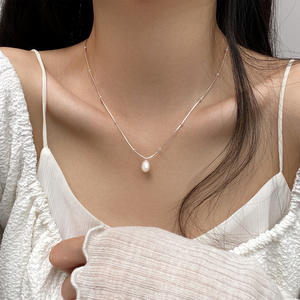 S925 <b>Sterling</b> <b>Silver</b> Baroque Button <b>Pearl</b> <b>Necklace</b> with Sparkling Waves Fashionable Luxurious Temperament for Collarbone - Product Image 1