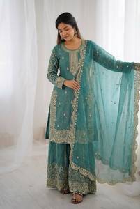 Designer Coding Embroidery And Sequence Work Fandy Silk <b>Top</b> With Plazzo And Dupatta Fully Stitched Ready To Wear Collection - Product Image 6