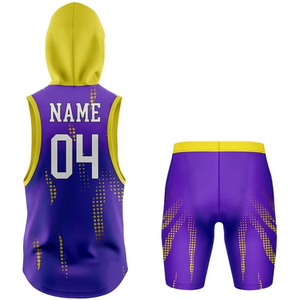 Custom Purple Yellow Basketball Jersey Set Hooded Tank Top Shorts Sublimated Moisture Wicking Unisex Adult Athletic Wear - Product Image 2