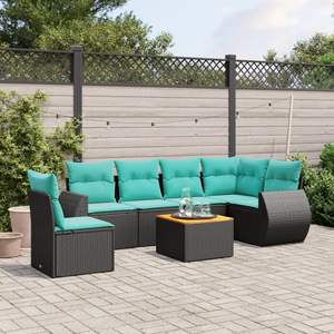 Set di divani da giardino in polyrattan nero da 7 pezzi con cuscini, mobili da giardino - Product Image 1