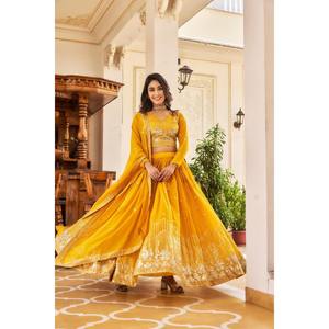 FANCY GEORGETTE BRODERIE SEQUENCE TRAVAIL LEHENGA CHOLI AVEC DUPATTA JAUNE - Product Image 1
