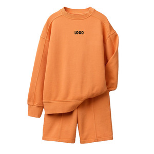 Conjunto de 2 Piezas de Sudadera y Pantalones Cortos Color Naranja, Cuello Redondo, Color Sólido, Ropa Casual de Punto - Product Image 1