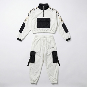 Conjunto Deportivo Unisex Blanco de Manga Larga, Corte Holgado, Estilo Urbano, Patrón Geométrico, con Cierre de Media Cremallera, para Primavera, Adulto - Product Image 1